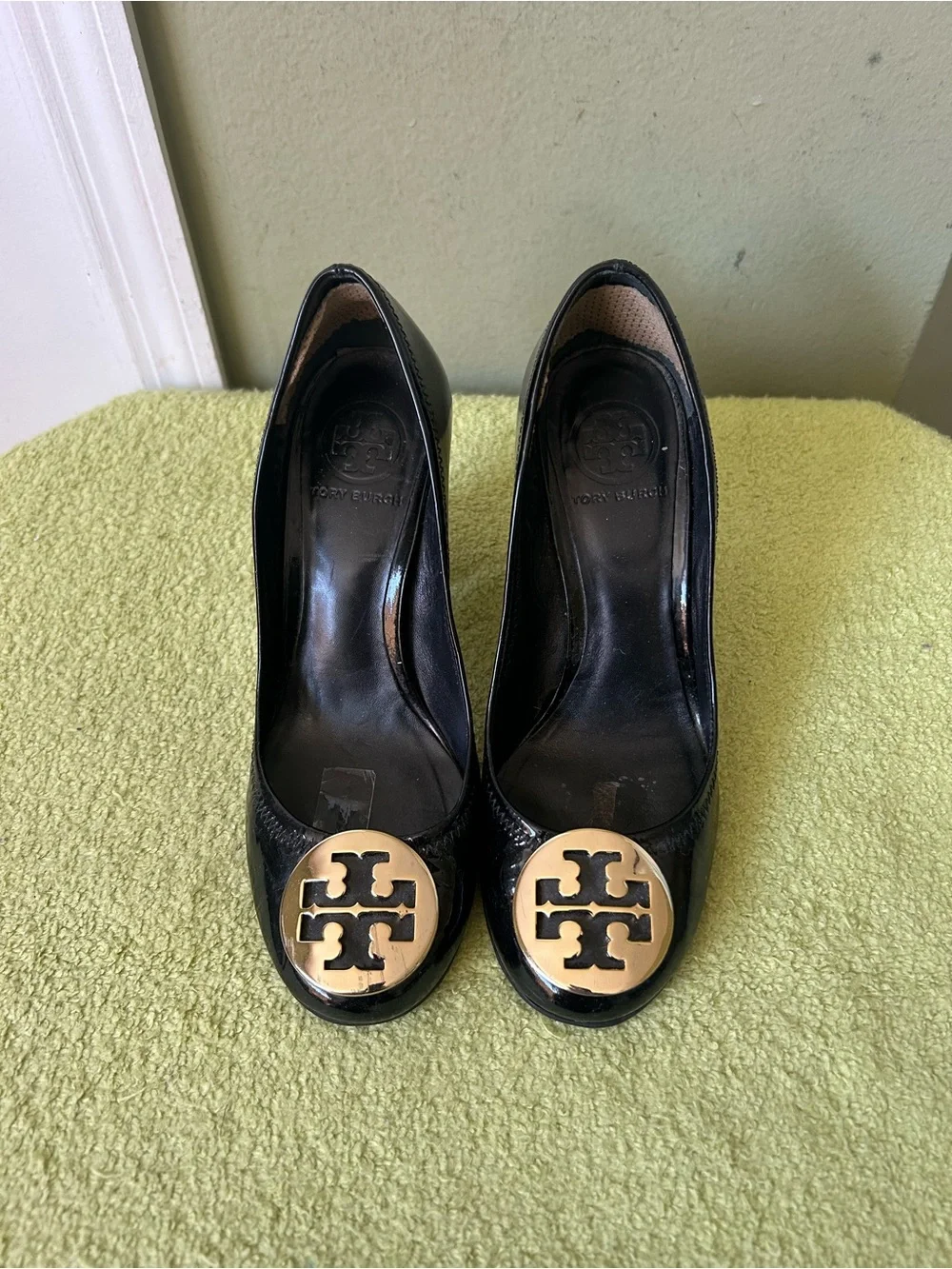 Tory Burch Black Patent Leather Block Heel Pumps with Gold Logo Accent